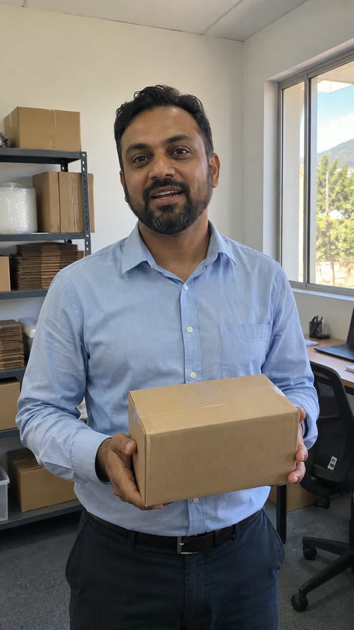 Illustrative AI-generated Durban business scene, businessman holding a parcel