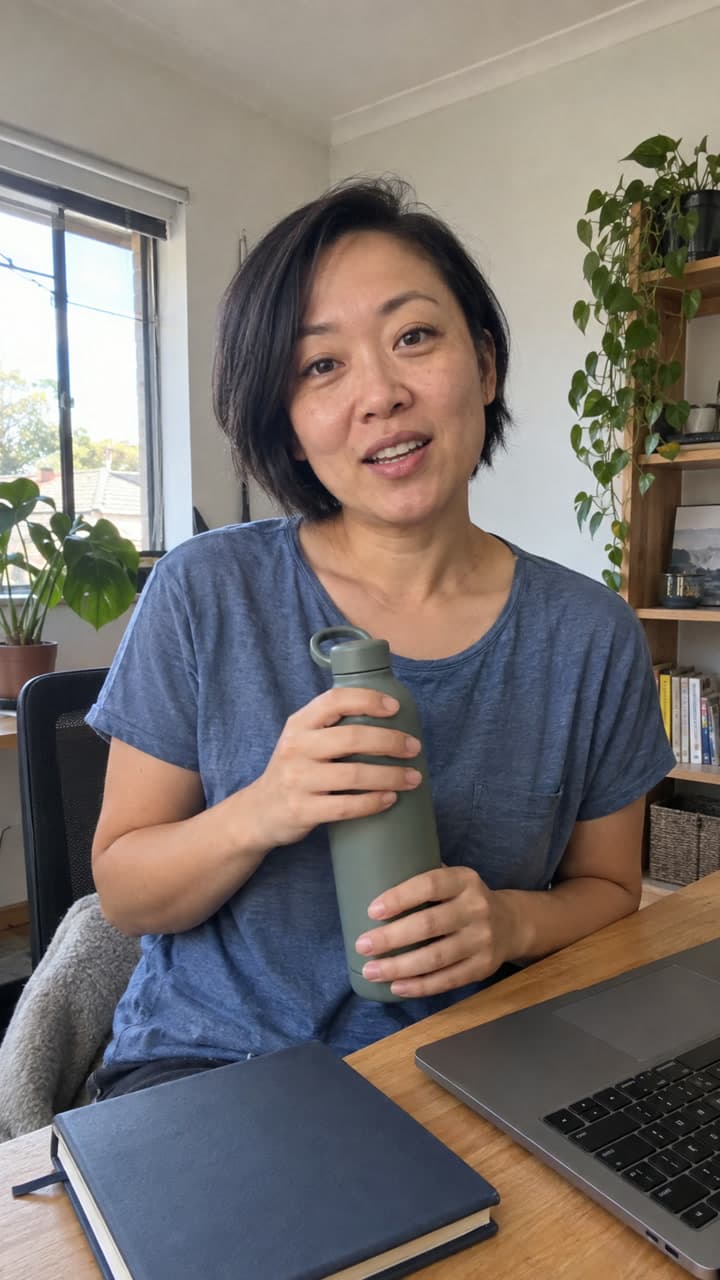 Illustrative AI-generated Johannesburg workspace scene, woman holding a bottle
