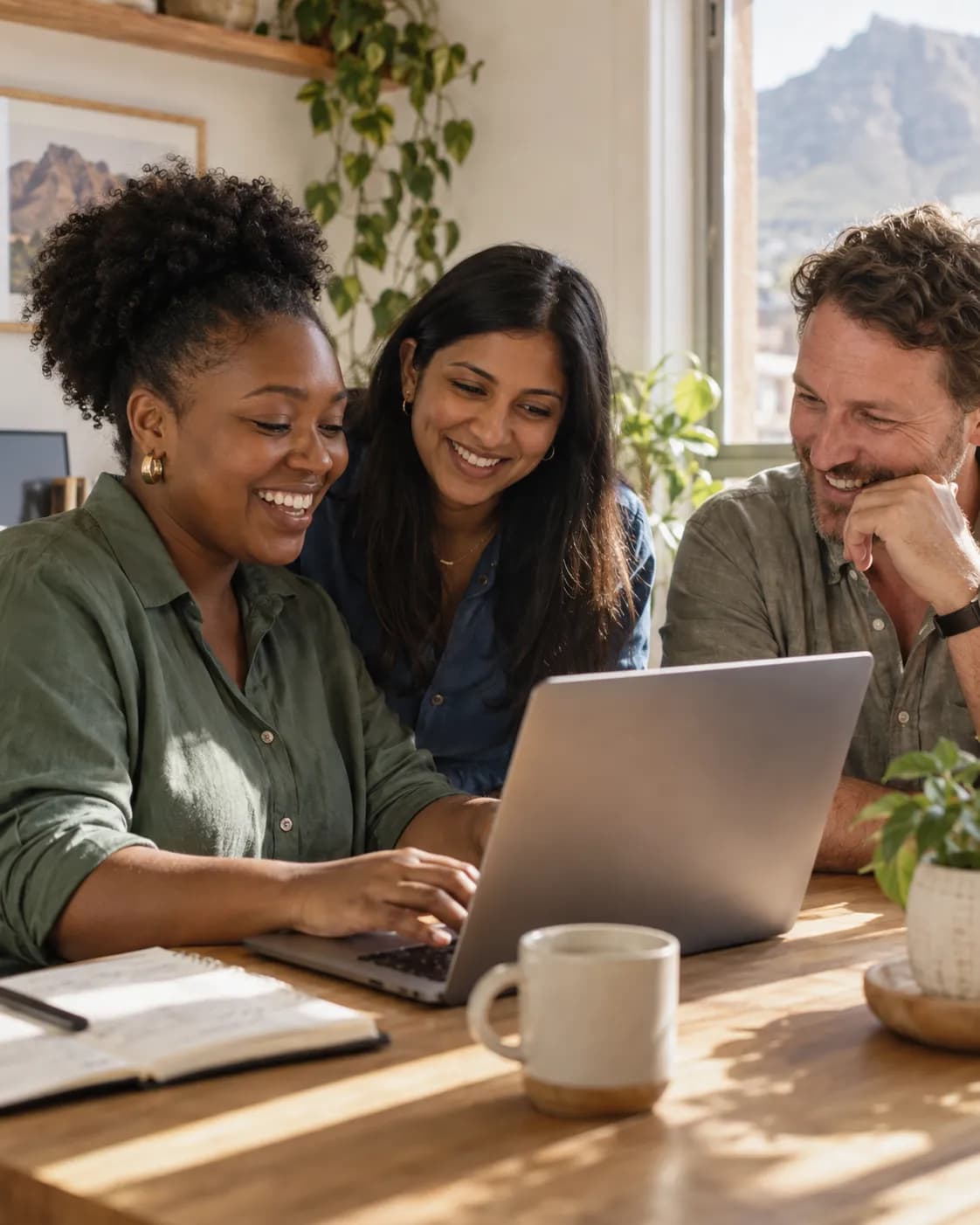 AI-generated illustration of three colleagues sharing a moment of discovery around a laptop.