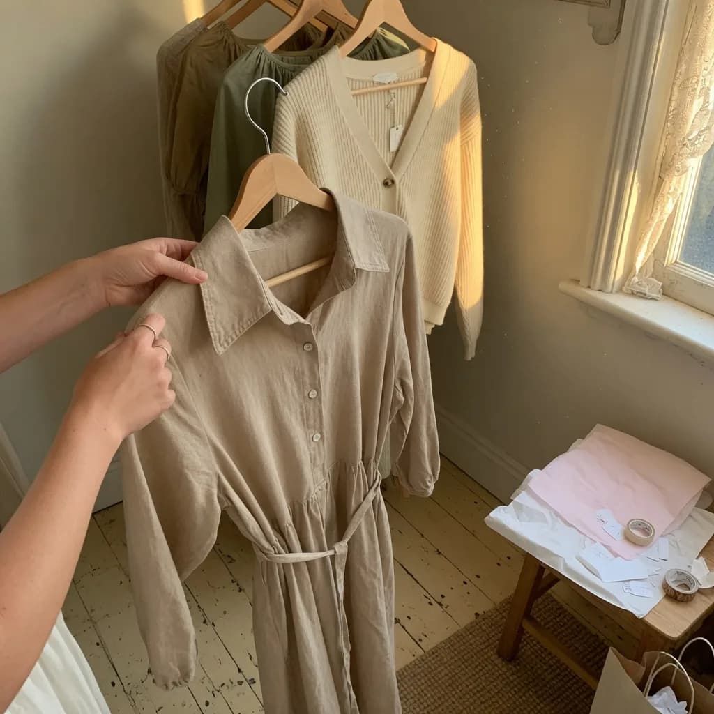 Concept photograph of hands holding a linen dress on a wooden hanger