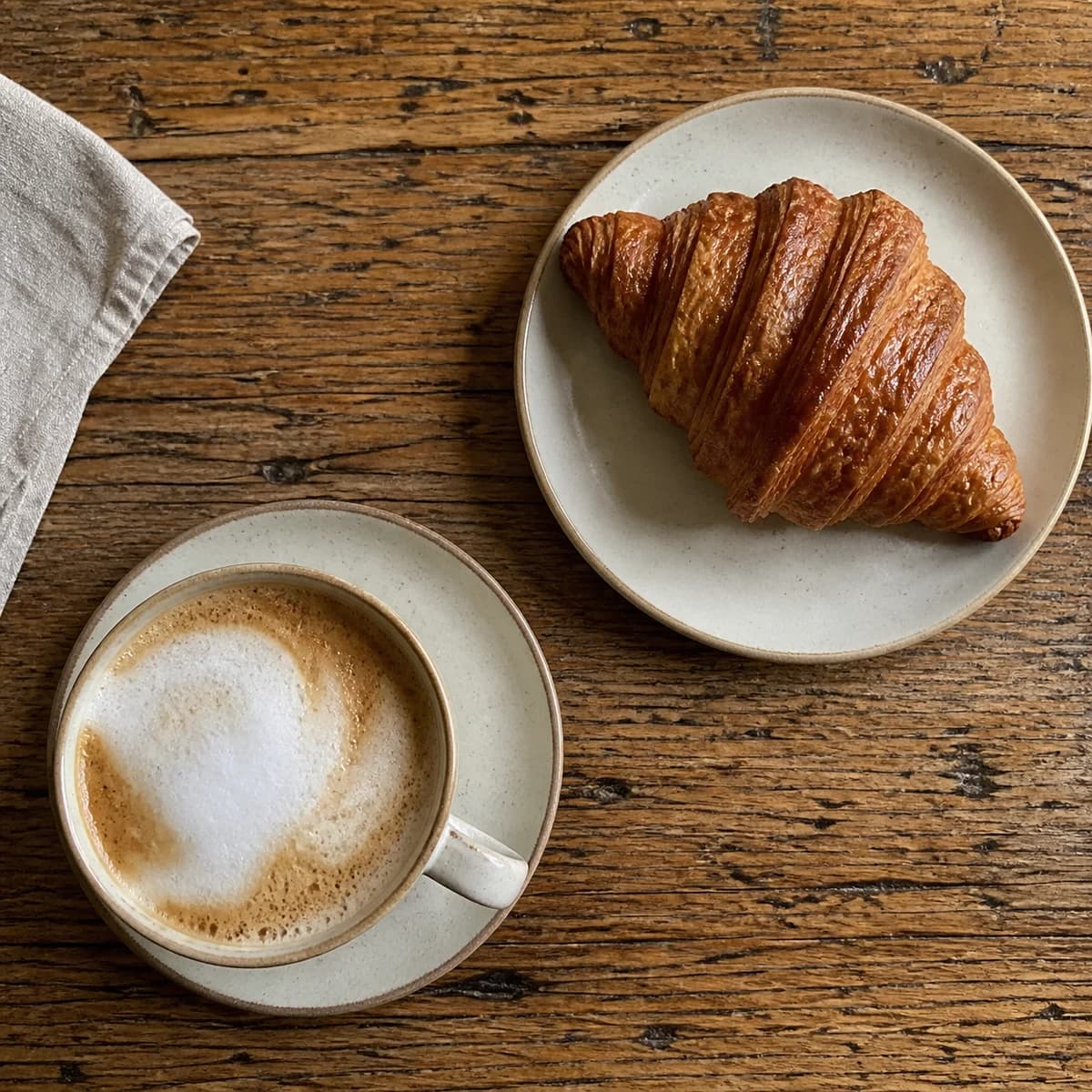 AI-generated concept photograph of a cappuccino and croissant seen from overhead